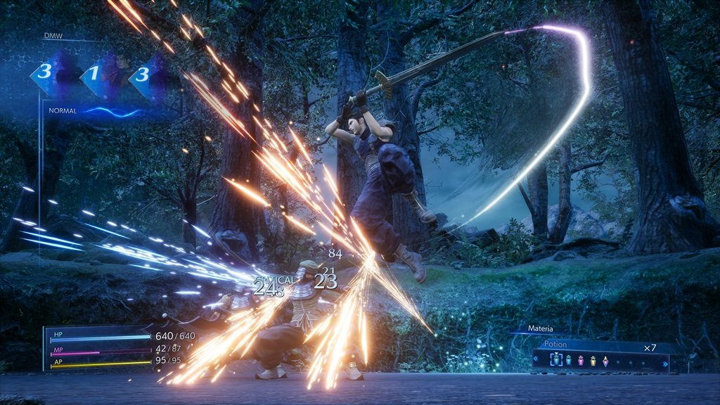Zack attacks an enemy during battle causing bright sparks to erupt.