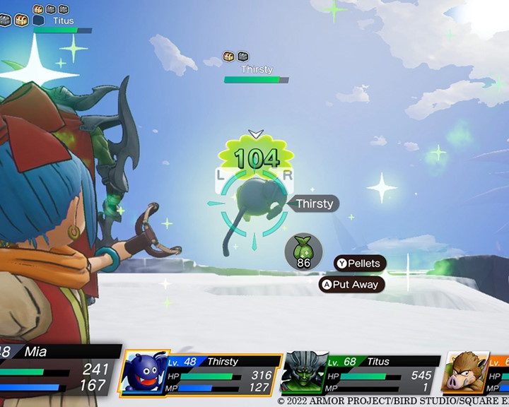 Mia fires a slingshot in Dragon Quest Treasures.