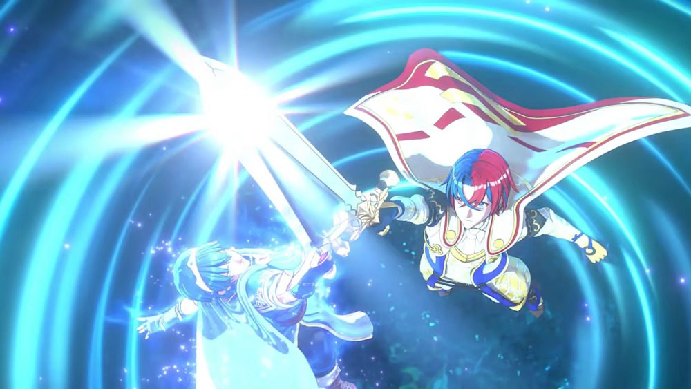 Marth and ALear cross swords in Fire Emblem Engage.