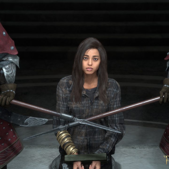 Frey is handcuffed and guarded in Forspoken.