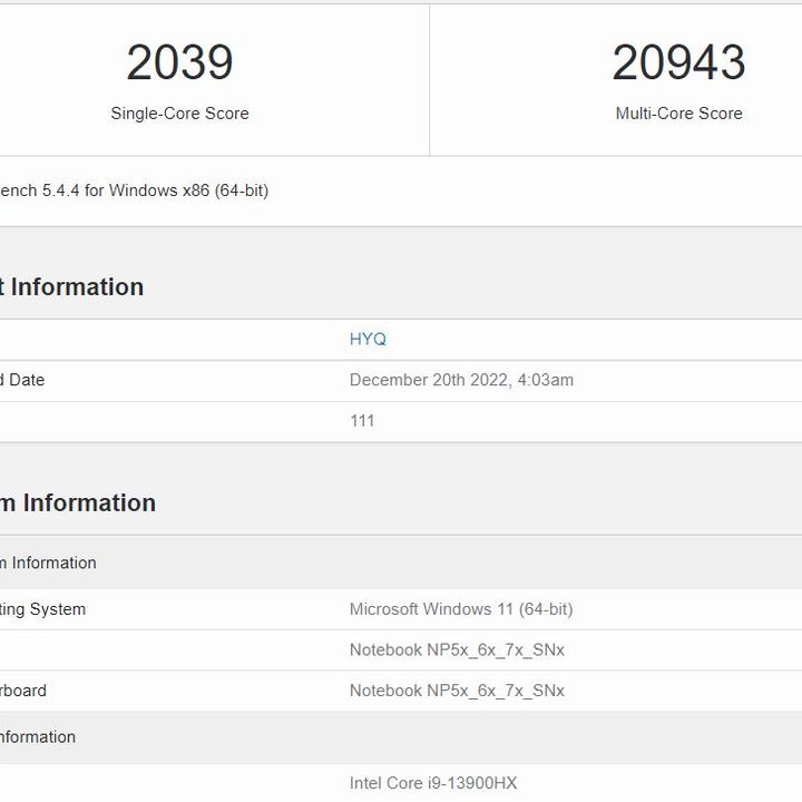 Benchmark results for the Intel Core i9-13900HX.