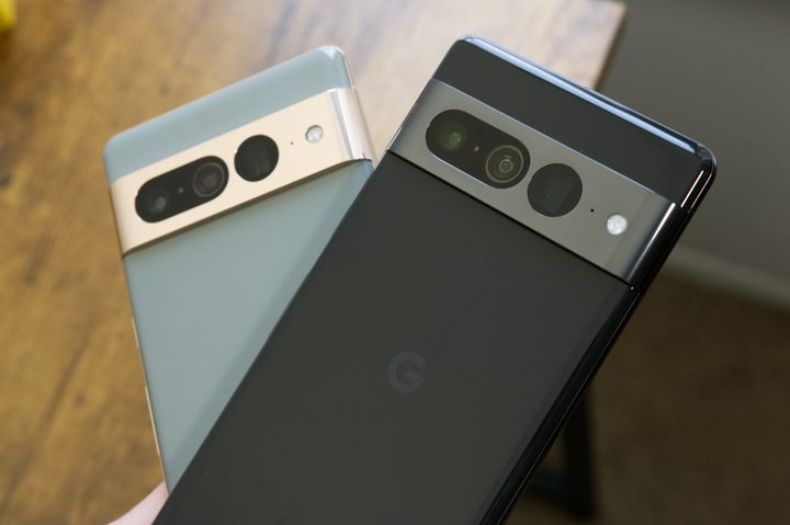 Two Google Pixel 7 Pro smartphones.