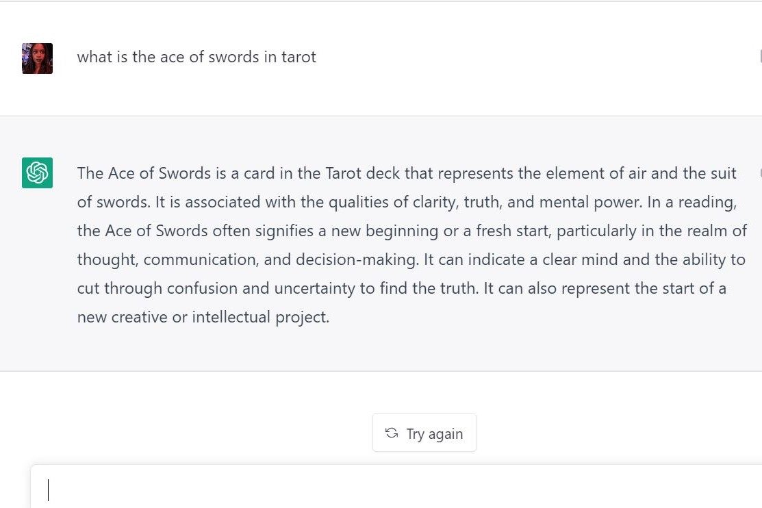 GPTChat Ace of Swords interpretation.