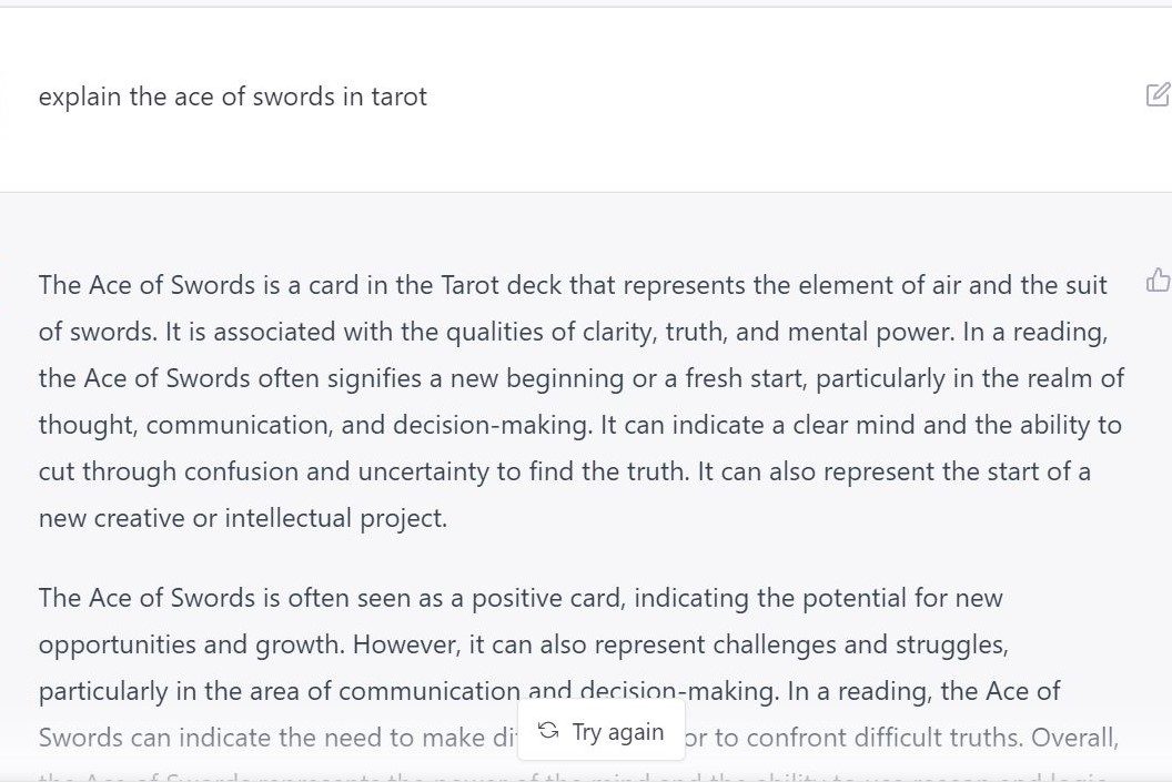 GPTChat Ace of Swords interpretation.
