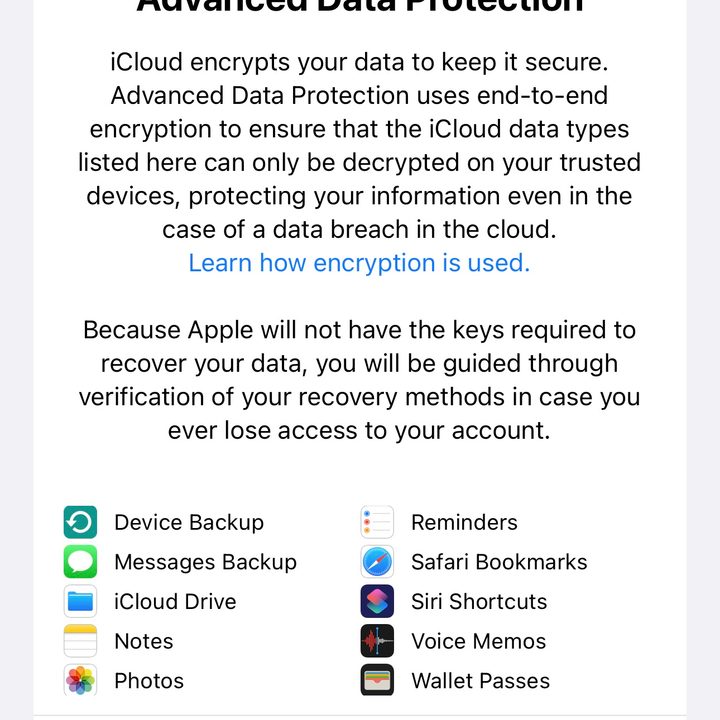 Setting up Advanced Data Protection on an iPhone with iOS 16.2.