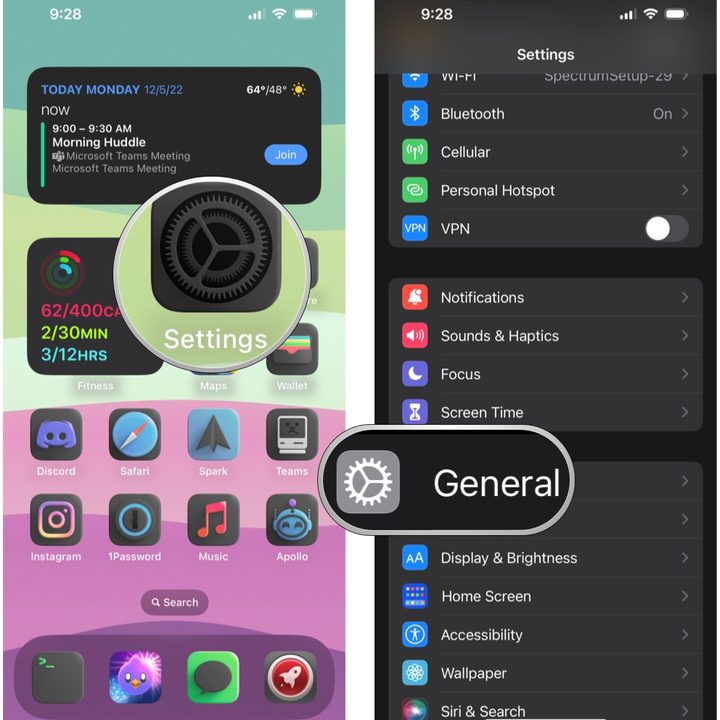 Open Settings, select General on iOS