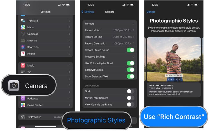 iOS 16 Settings, select Camera, select Photographic Styles, swipe to your choice, select Use Style