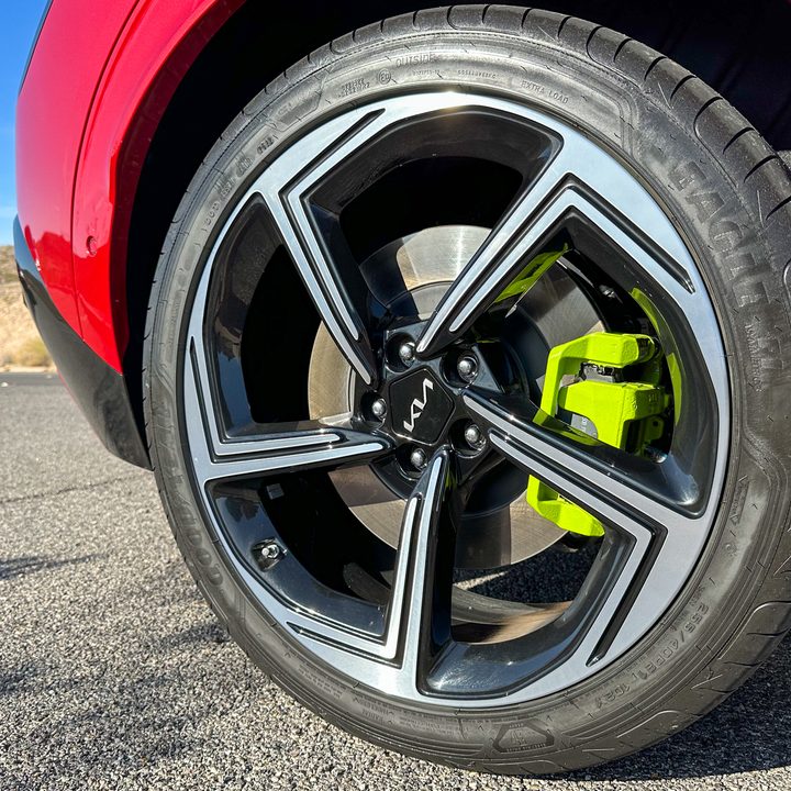 Closeup of the 2023 Kia EV6 GT front wheel.