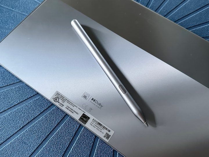 Lenovo Tab P11 Pro Gen 2 duotone back with Precision Pen 3 on top on blue background