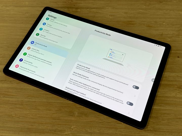 Lenovo Tab P11 Pro Gen 2 showing productivity mode in settings