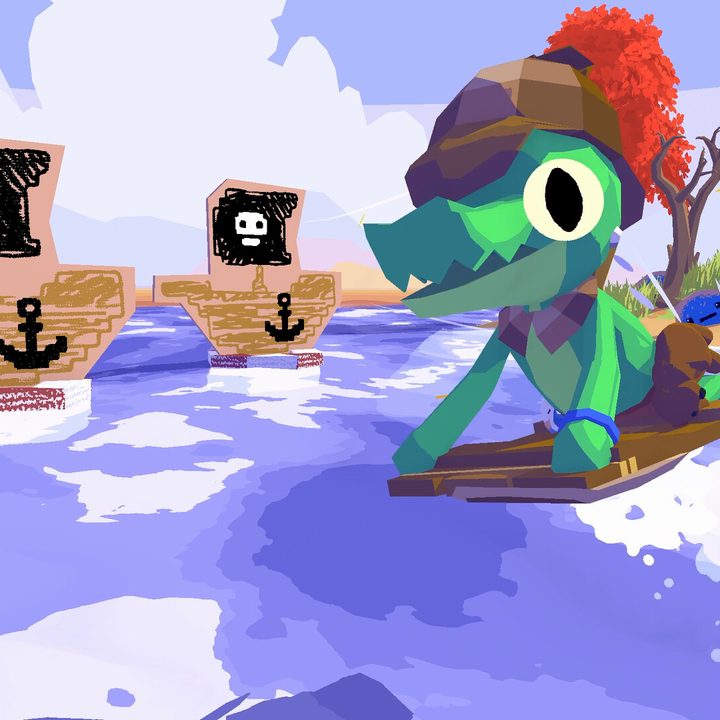 An alligator sails on a piece of wood in Lil Gator Game.
