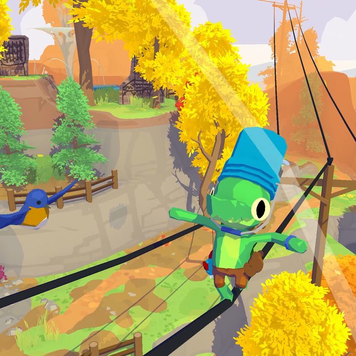 An alligator tightrope walks on telephone lines in Lil Gator Game.