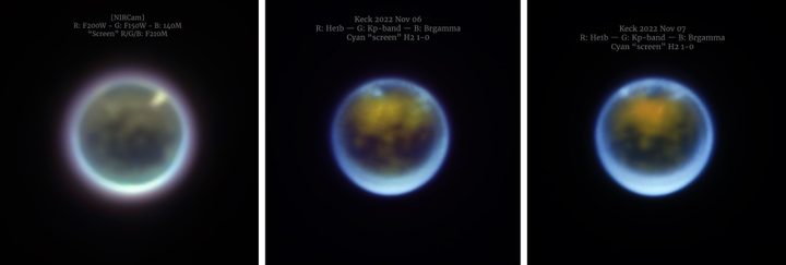 Near-infrared Images of Saturn’s moon Titan, as seen by JWST on November 4, 2022 (left), followed by Keck Observatory’s NIRC2 instrument paired with adaptive optics on November 6, 2022 (middle) and November 7, 2022 (right).