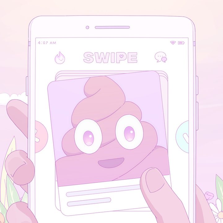 A phone user looks at a dating app profile with a poop emoji for a photo in Melatonin.
