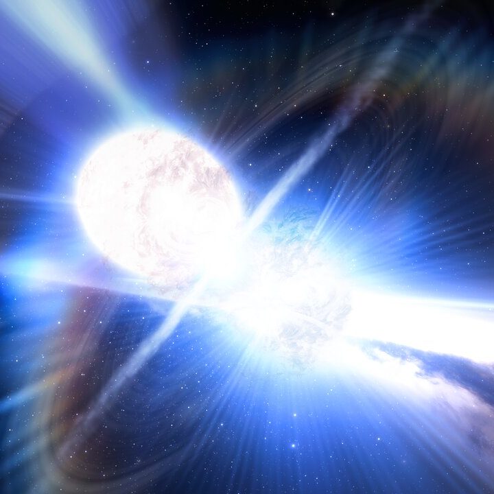 Artist's impression of a kilonova produced by two colliding neutron stars.