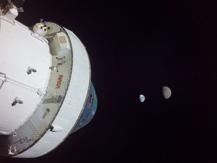 NASA’s uncrewed Orion spacecraft reached a maximum distance of nearly 270,000 miles from Earth during the Artemis I flight test before beginning its journey back toward Earth. Orion captured imagery of the Earth and Moon together from its distant lunar orbit, including this image on Nov. 28, 2022, taken from camera on one of the spacecraft’s solar array wings.
