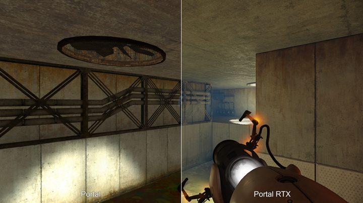 Blue light casting in Portal RTX.
