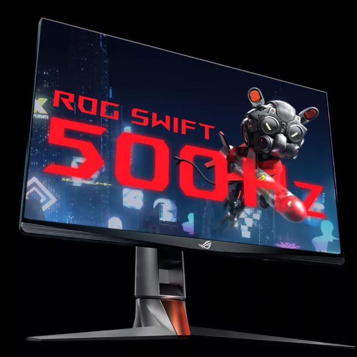 A ROG gaming monitor with "500Hz" on the screen.