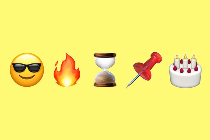 Snapchat emojis, including a sunglasses face, fire, hourglass, pin, and birthday cake.