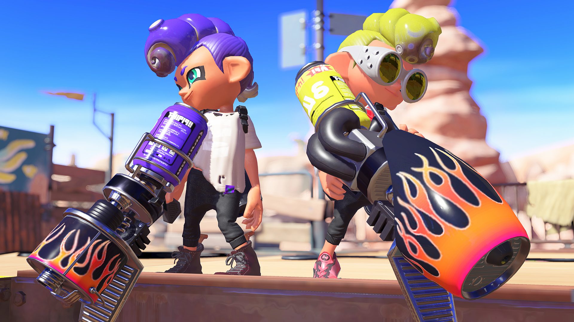 Squid Kids holding weapons in Splatoon 3.