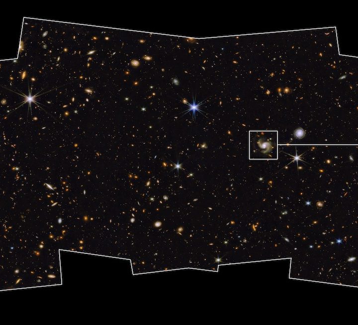 A swath of sky measuring 2% of the area covered by the full moon imaged with Webb’s Near-Infrared Camera.