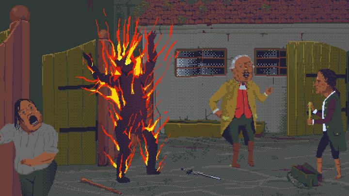 A man is on fire in The Case of the Golden Idol.