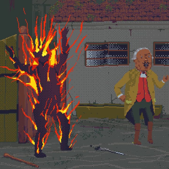 A man is on fire in The Case of the Golden Idol.