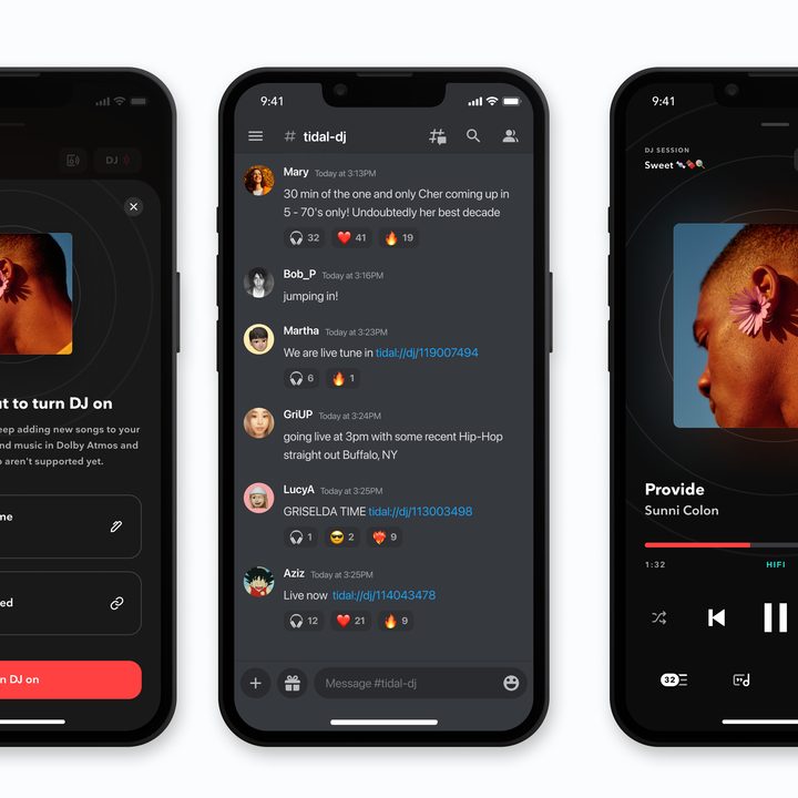 Three screens from the The Tidal DJ feature.
