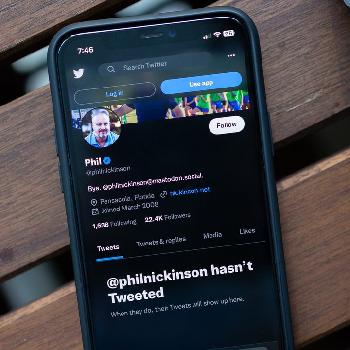 Phil Nickinson's empty Twitter feed.