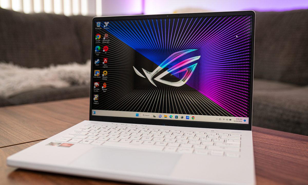 Asus ROG Zephyrus G14 2023 front view showing display and keyboard deck.