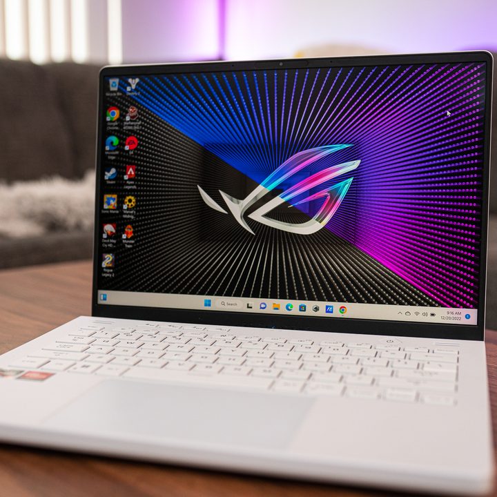 Asus ROG Zephyrus G14 2023 front view showing display and keyboard deck.