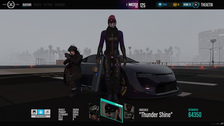 Two characters posing by a car.