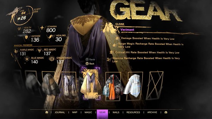 A cloak menu in Forspoken.