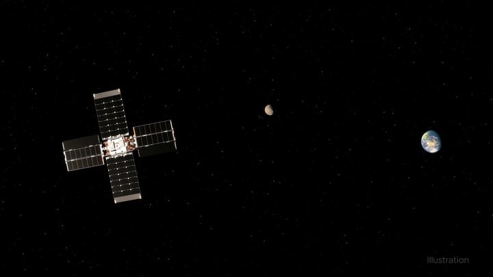 This illustration shows NASA’s Lunar Flashlight carrying out a trajectory correction maneuver with the Moon and Earth in the background. Powered by the small satellite’s four thrusters, the maneuver is needed to reach lunar orbit.