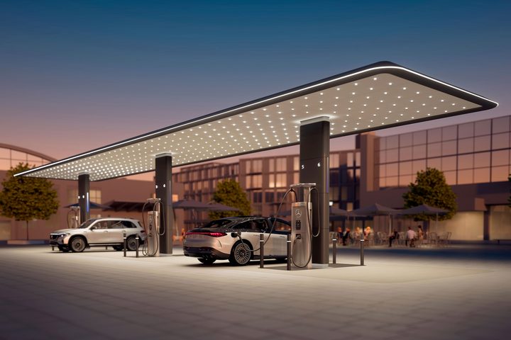 What a future Mercedes-Benz EV charging hub might look like.
