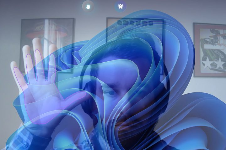 A person shows the gloves hand-tracking feature of Mobeus Airglass.