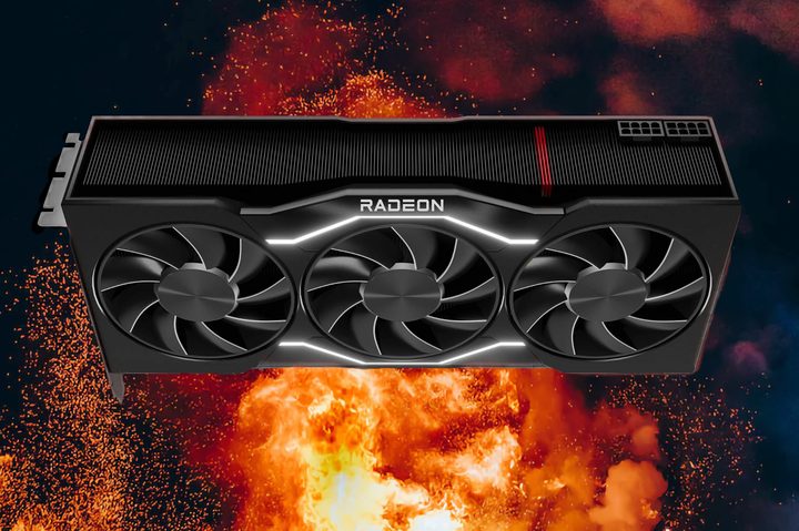 AMD Radeon RX 7900 XTX hovers over a raging fire.