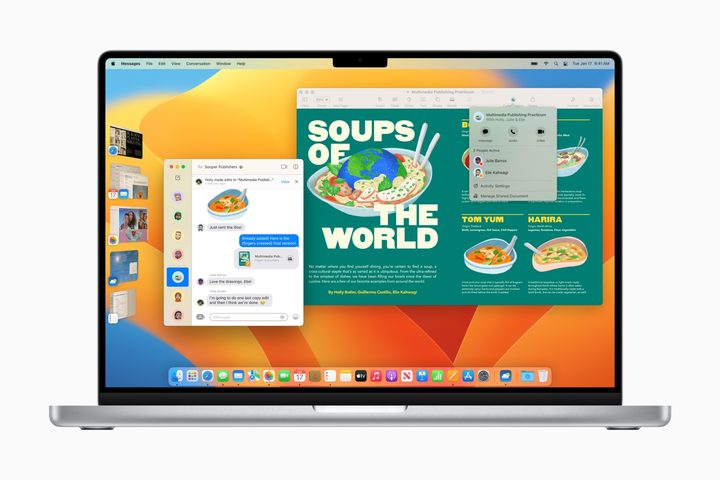 A MacBook Pro running macOS Ventura. Stage Manager is active, with two windows visible on the screen and five app groups in the sidebar.