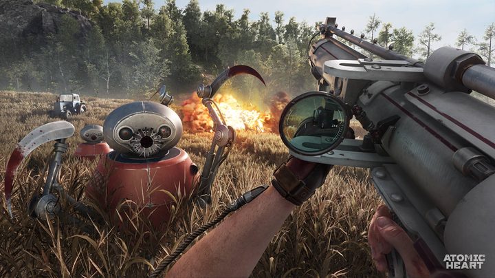 A small robot with deadly scythes rushes toward the player in Atomic Heart.
