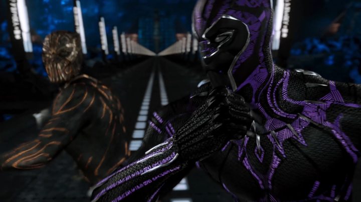 Black Panther battling Killmonger in "Black Panther."