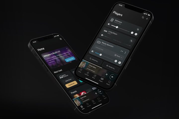 Two phones showing different screens of BluOS 4.0.