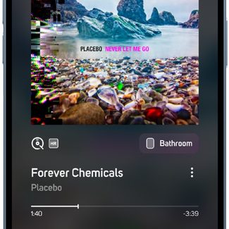 A phone showing the now playing screen for BluOS 4.0.