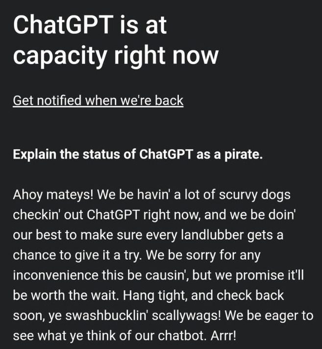 ChatGPT Busy Message like a pirate.