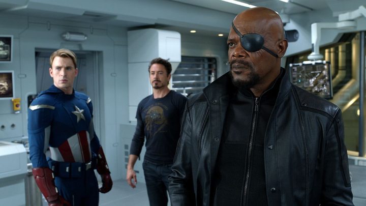 Cap, Tony, and Nick Fury looking in the same direction in The Avengers.