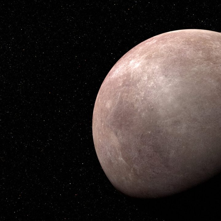Illustration of a planet on a black background. The planet is large and rocky. Roughly two-thirds of the planet is lit, while the rest is in shadow.