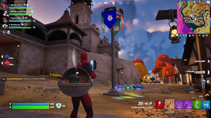 Character standing by capture point in Fortnite.