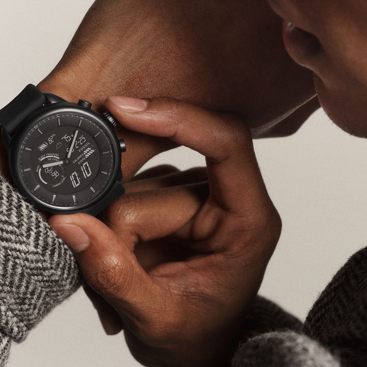 Fossil Gen 6 Hybrid Wellness Edition in black with a black strap.