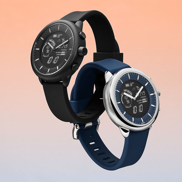 Fossil Gen 6 Hybrid Wellness Edition in black and blue.