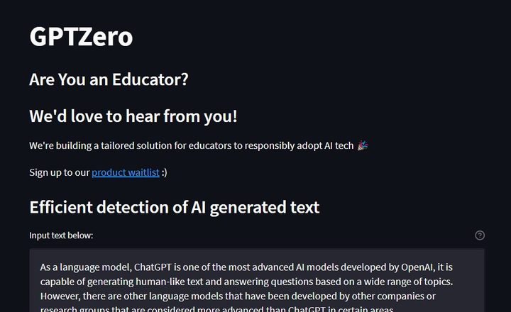 Screenshot of GPTZero.