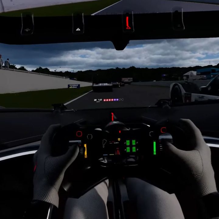 A driver holds a wheel in a car in Gran Turismo 7 VR.